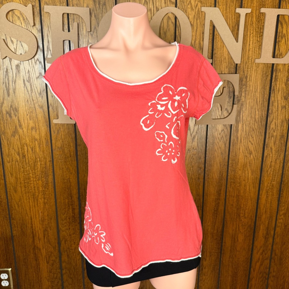 IZOD Jeans Top Women Medium Coral Pink Boho Coastal Mermaid Embroidered Floral
